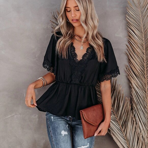 2/$40 Boho Black Lace Blouse Peplum V-Neck Short Sleeve Top Womens Fashion - Picture 1 of 8